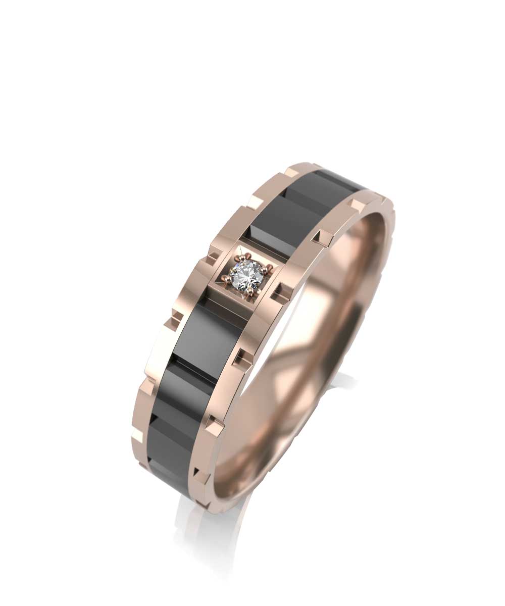 Обручальное кольцо из красного золота с керамикой и фианитом